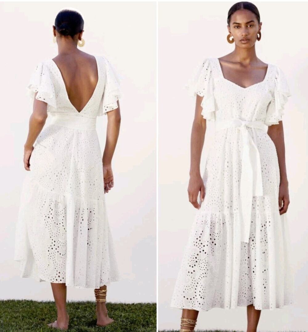 Zara White Cotton Ruffle Midi Dress Cutwork Embroidery Sz Med 7686/992 New $129
